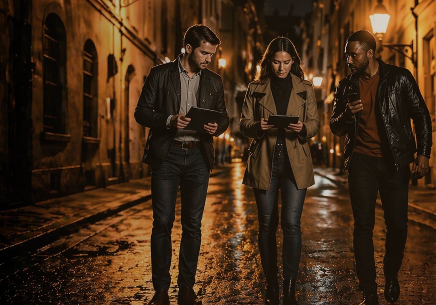 Drei Personen ermitteln nachts in einer Altstadtgasse